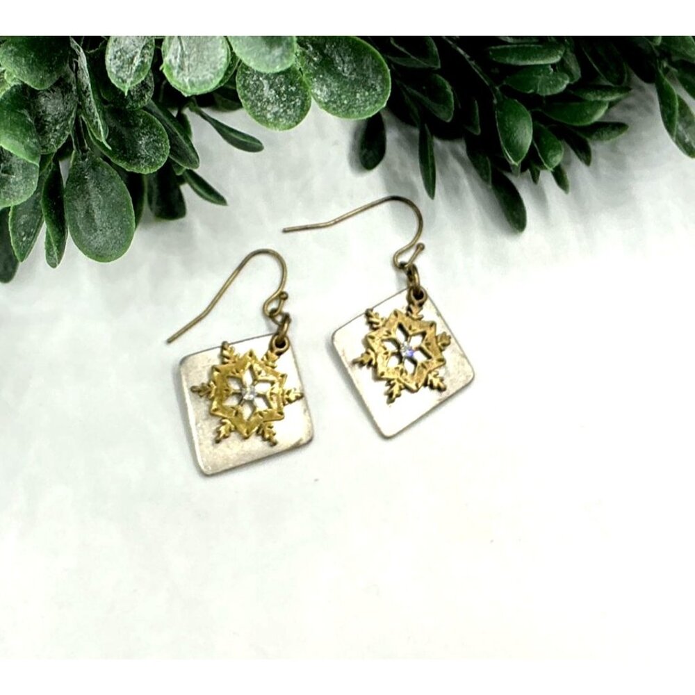 Vintage Snowflake Diamond Square Dangle Earrings Bronze Tone